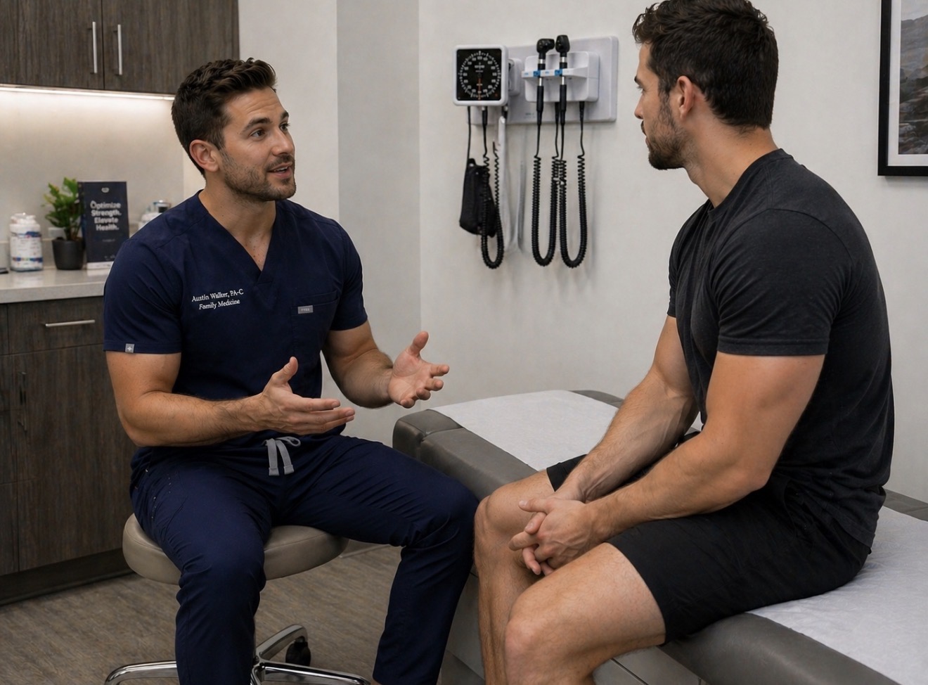 Clinician consulting with a patient in an exam room